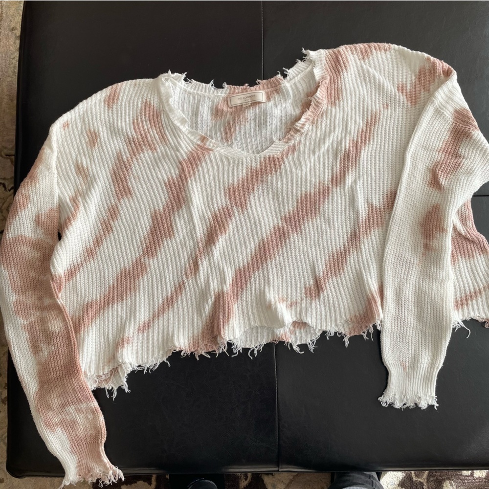 Women's Cropped Raw Hem White /Brown Cotton Sweater size XL